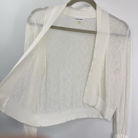 Calvin Klein Small White Lace Cropped Cardigan Sheer Ruffle Cuff Soft Romantic - Picture 7 of 9